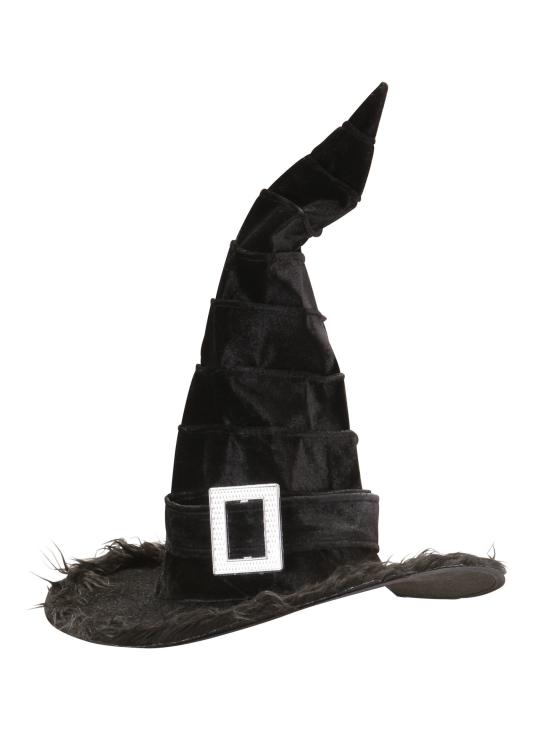 Sombrero de bruja con borde de peluche y hebilla.