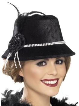 Sombrero de los años 20, negro, con abalorios y flor