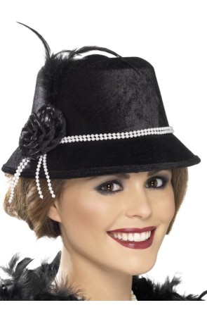 Sombrero de los años 20, negro, con abalorios y flor