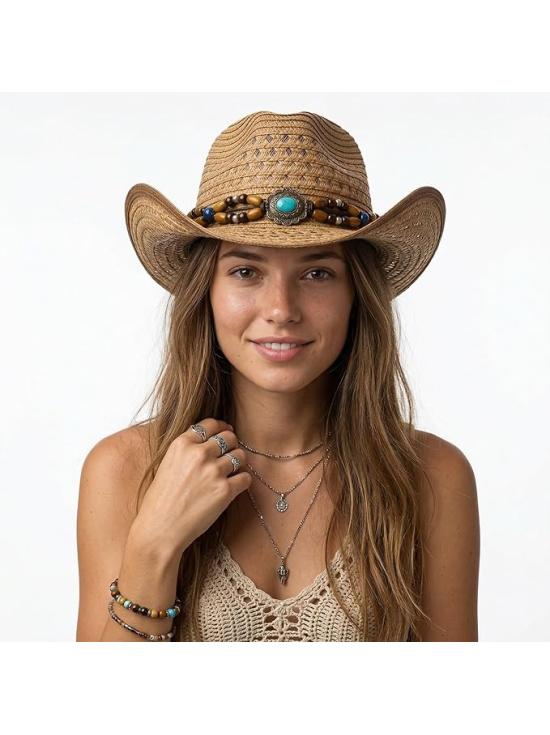 Sombrero de Paja con Abalorios para Disfraces y Fiestas de Verano