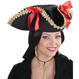 Sombrero de Pirata con Bordes Dorados y Lazos
