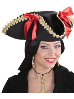 Sombrero de Pirata con Bordes Dorados y Lazos
