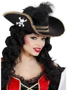 Sombrero de pirata con Calavera y Pluma  .