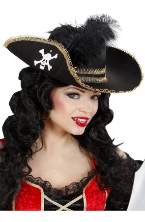 Sombrero de pirata con Calavera y Pluma  .