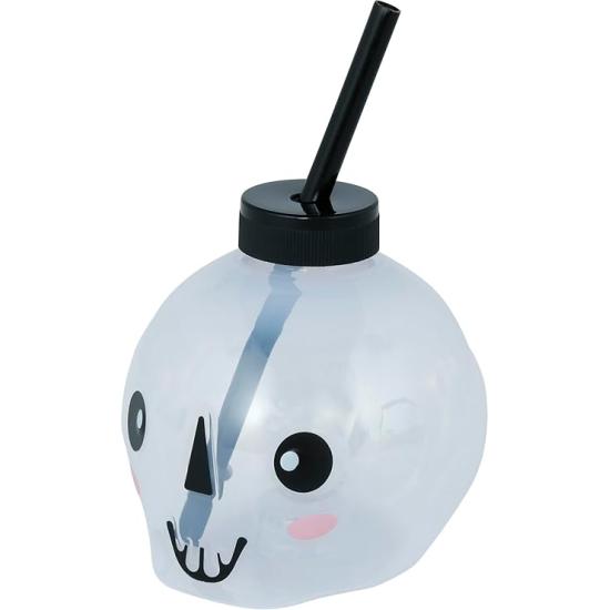 Vaso con Pajita Calavera LED Reutilizable (17 cm) - Decoración de Mesa para Fiestas de Halloween y Celebraciones de Esqueletos - Ideal para Eventos Terroríficos - Blanco