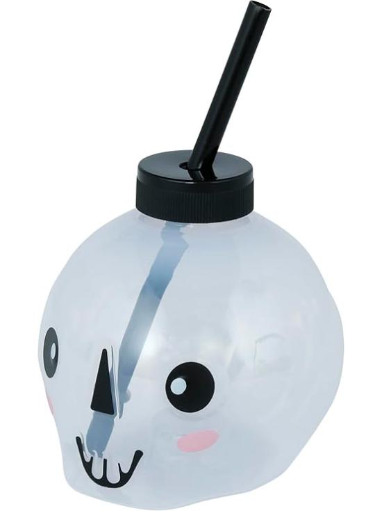 Vaso con Pajita Calavera LED Reutilizable (17 cm) - Decoración de Mesa para Fiestas de Halloween y Celebraciones de Esqueletos - Ideal para Eventos Terroríficos - Blanco