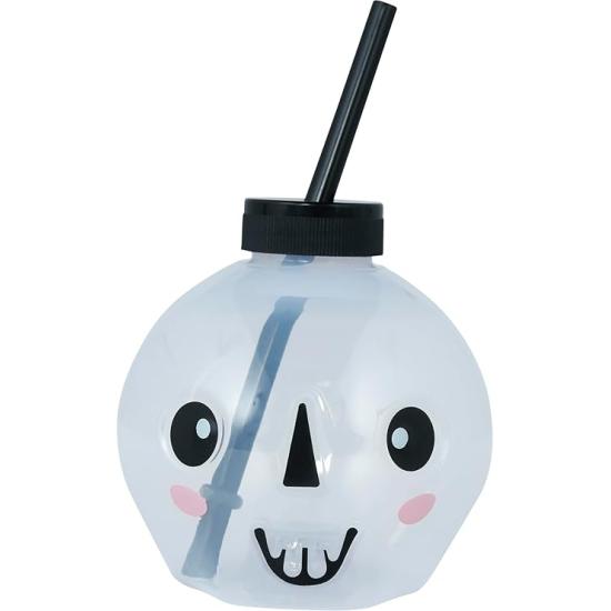 Vaso con Pajita Calavera LED Reutilizable (17 cm) - Decoración de Mesa para Fiestas de Halloween y Celebraciones de Esqueletos - Ideal para Eventos Terroríficos - Blanco