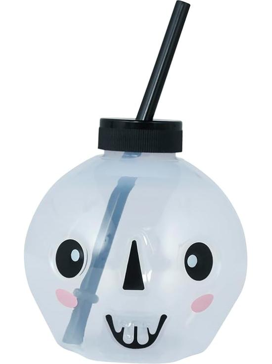 Vaso con Pajita Calavera LED Reutilizable (17 cm) - Decoración de Mesa para Fiestas de Halloween y Celebraciones de Esqueletos - Ideal para Eventos Terroríficos - Blanco