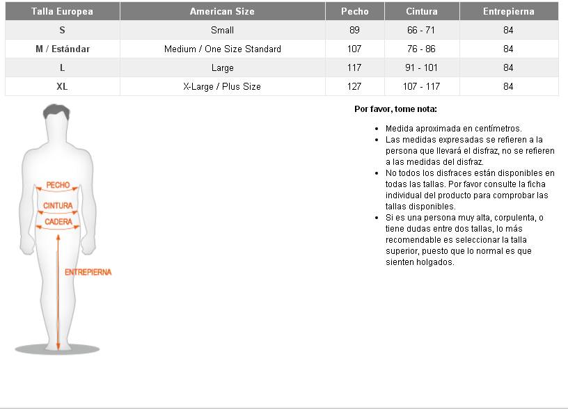 Tabla de tallas de Disfraz a Hombros de Flamenco Hinchable para Hombre adulto