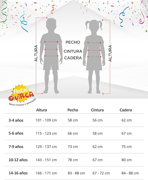 Tabla de tallas de Disfraz Beetlechús para Niña