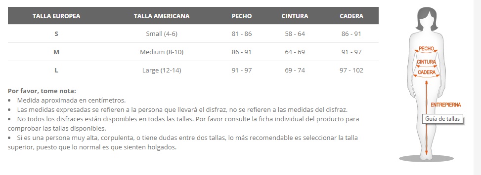 Tabla de tallas de Disfraz de Bandera Inglesa Sexy para mujer