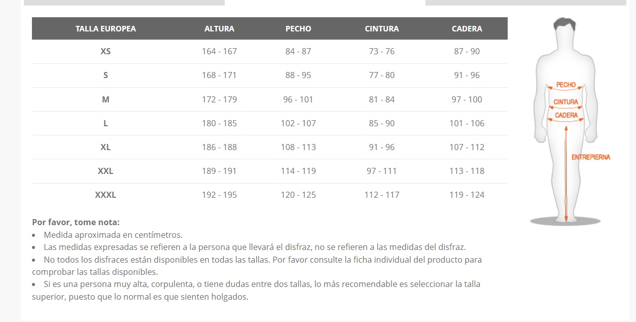 Tabla de tallas de Disfraz de Batman Clasic  Hombre adulto