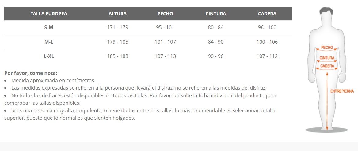 Tabla de tallas de Disfraz de Blas para adulto - Barrio Sésamo