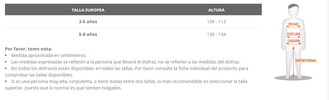 Tabla de tallas de Disfraz de Cerdo Peluche infantil