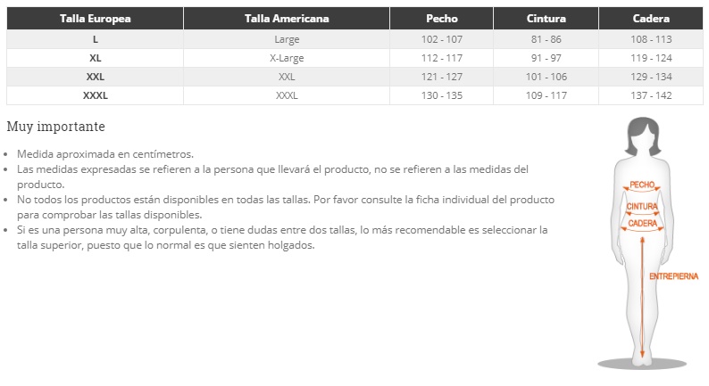 Tabla de tallas de Disfraz de colegiala zombie para mujer talla grande