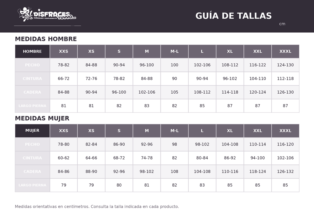 Tabla de tallas de Disfraz de Conde Drácula Elegante para Hombre