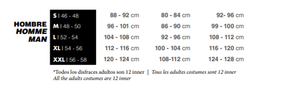 Tabla de tallas de Disfraz de Dioniso Romano para hombre **