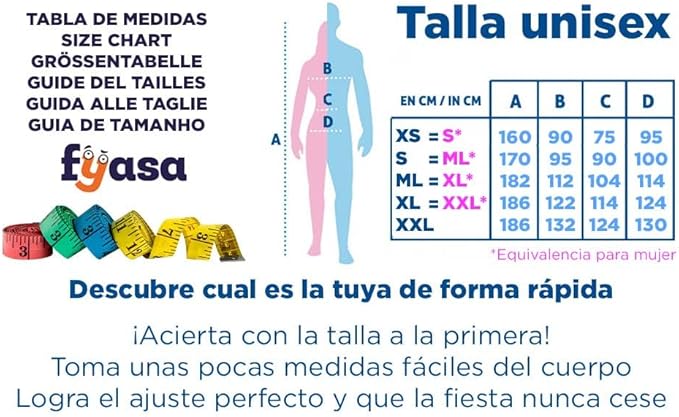 Tabla de tallas de Disfraz de Dorada para adulto unisex