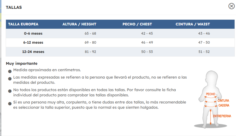 Tabla de tallas de Disfraz de elefante para bebé