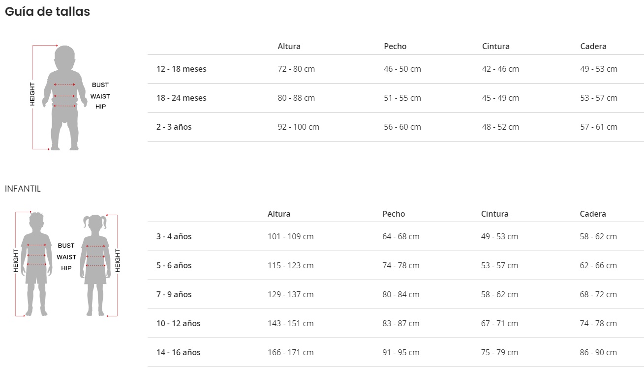 Tabla de tallas de Disfraz de Enfermera Sangrienta para Niña