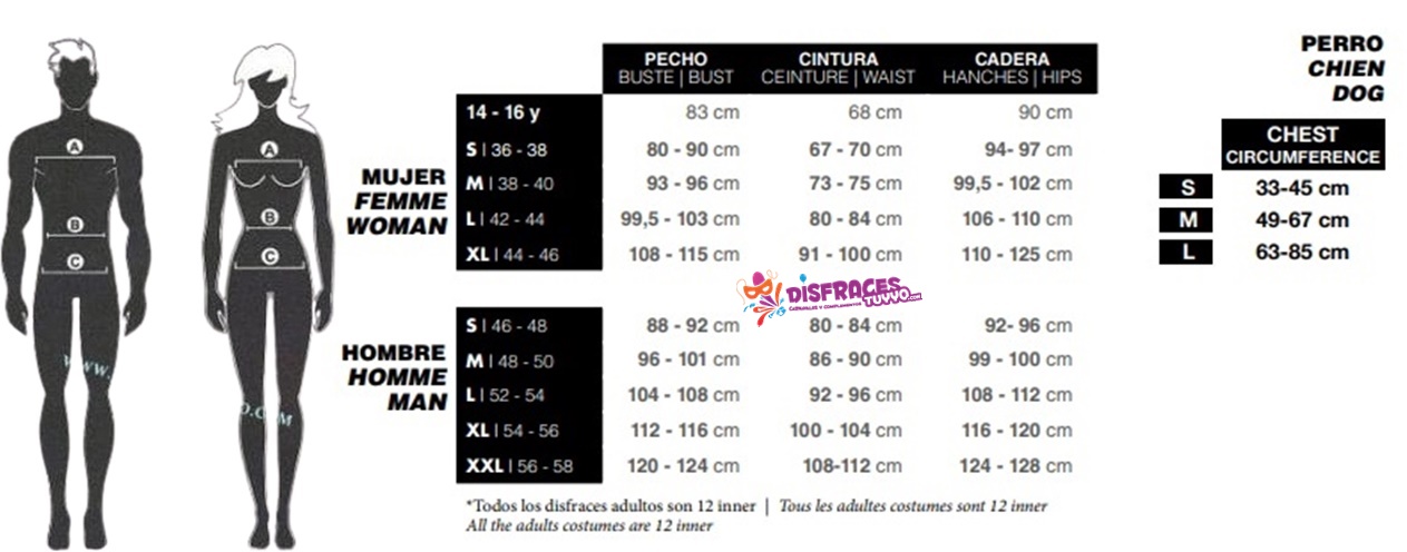Tabla de tallas de Disfraz de Esqueleto la Muerte
