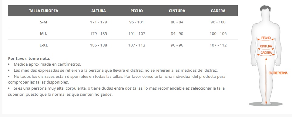 Tabla de tallas de Disfraz de Garfield para adulto