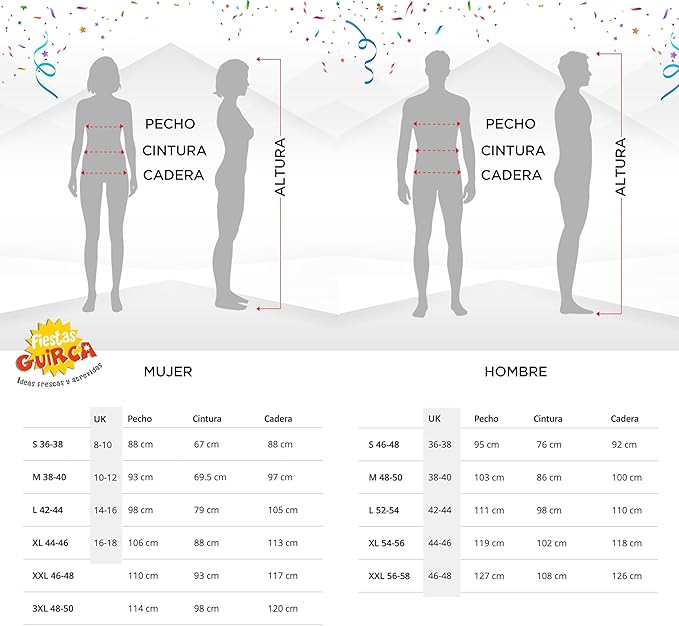 Tabla de tallas de Disfraz de Hommo Erectus Adulto – Vestido, Cinturón y Accesorio Divertido