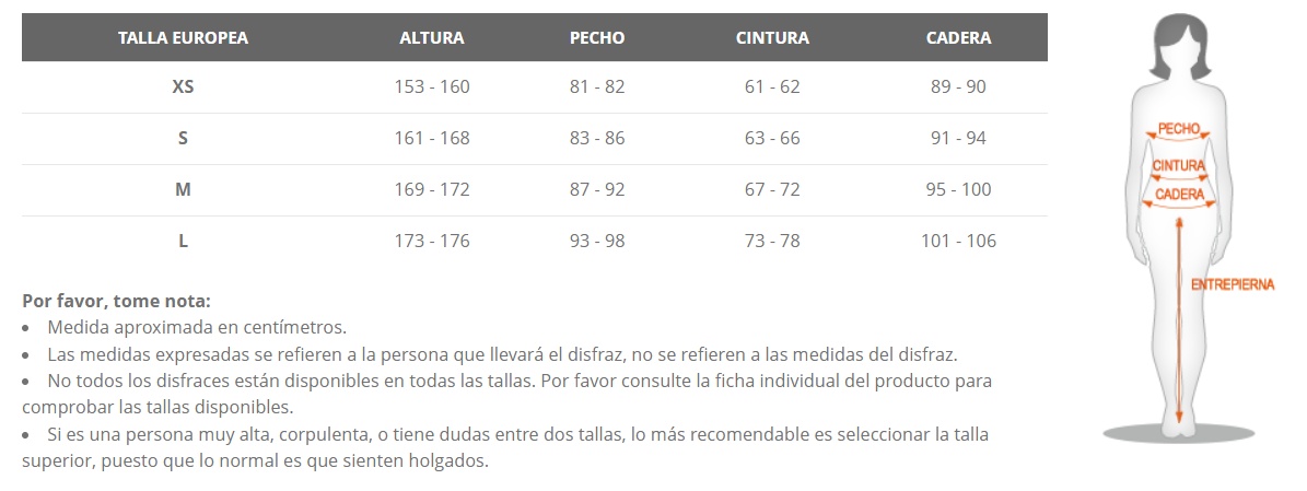 Tabla de tallas de Disfraz de Kassandra – Assassin’s Creed Odyssey