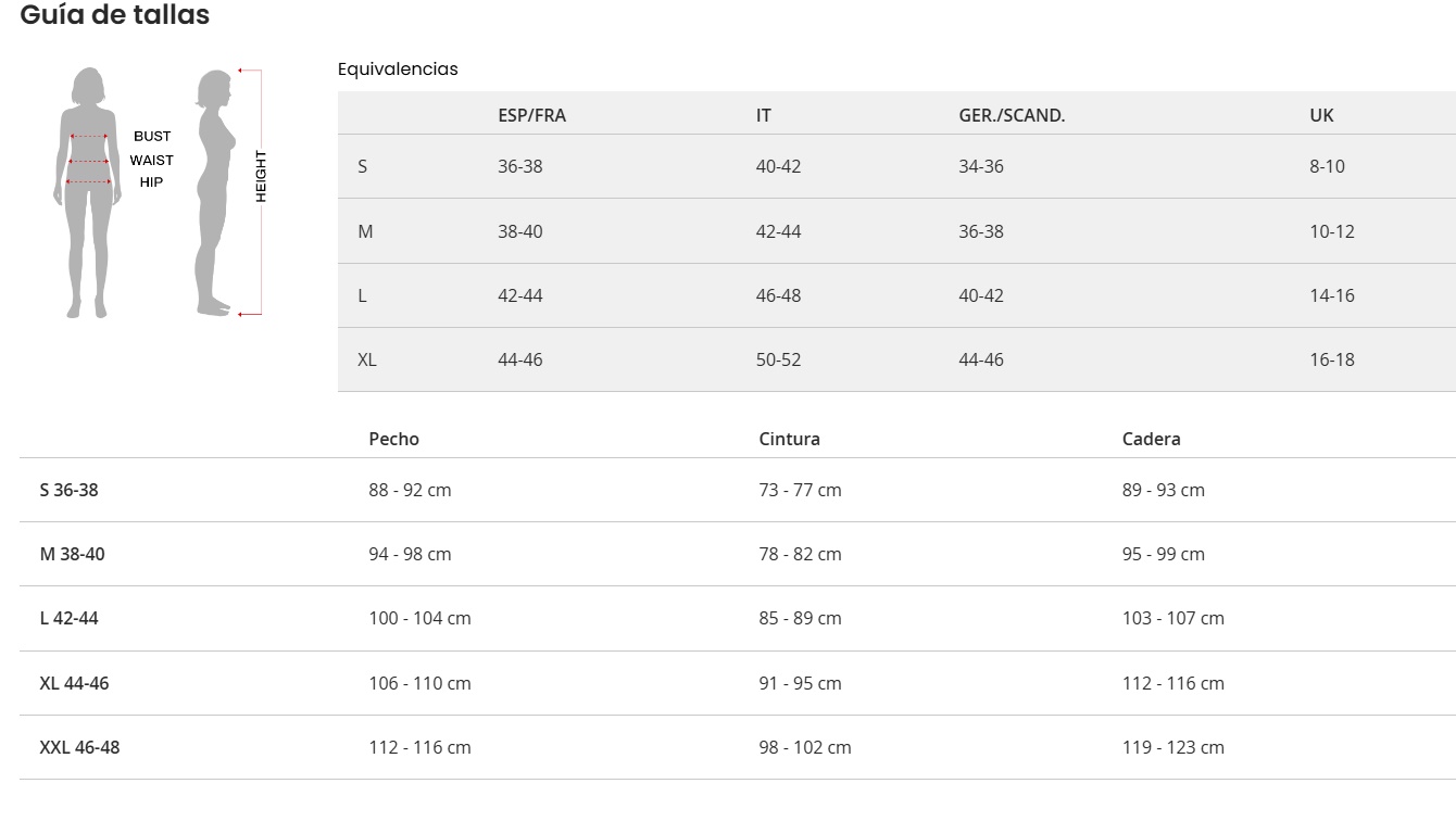 Tabla de tallas de Disfraz de Majorette para mujer
