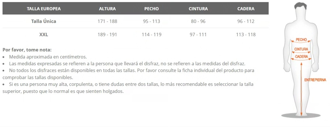 Tabla de tallas de Disfraz de Mr Mrs Potato para adulto