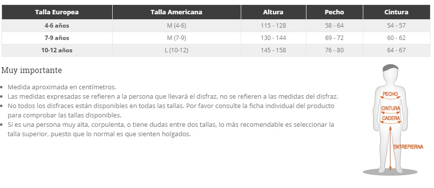 Tabla de tallas de Disfraz de muerte esqueleto, Negro infantil
