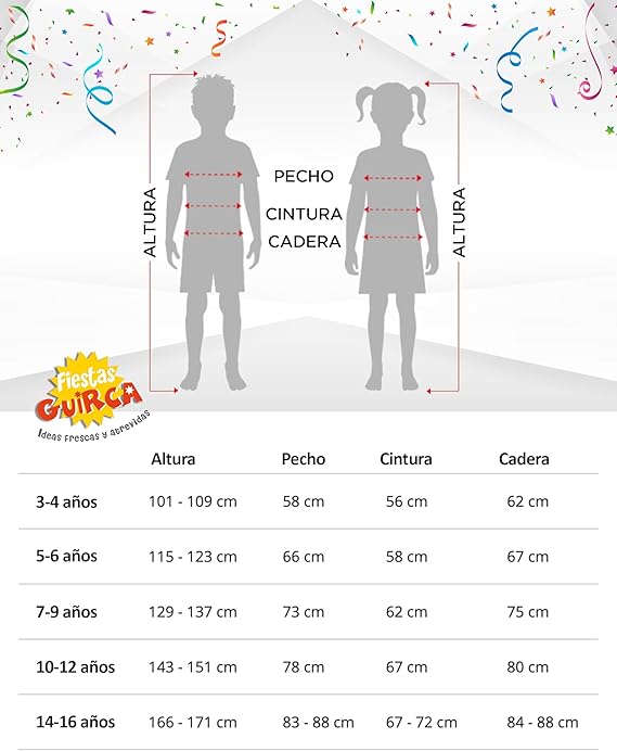 Tabla de tallas de Disfraz de Novia Sangrienta Infantil con Velo y Vestido