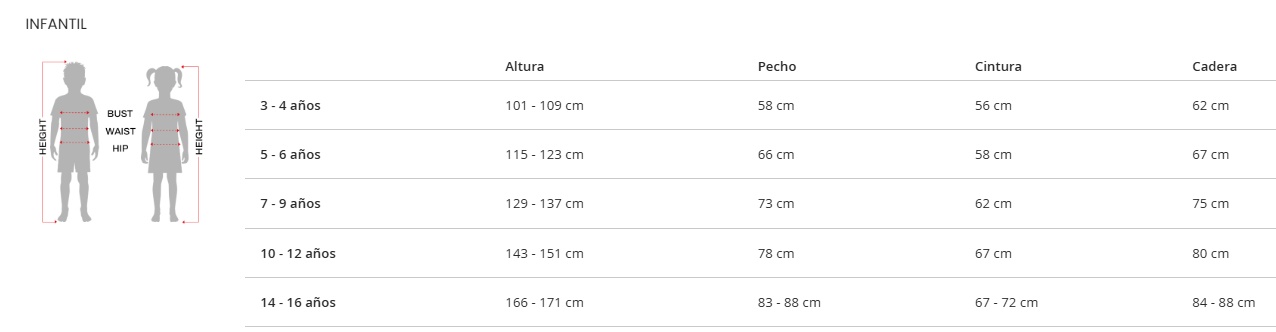 Tabla de tallas de Disfraz de Paje Rojo para Niño