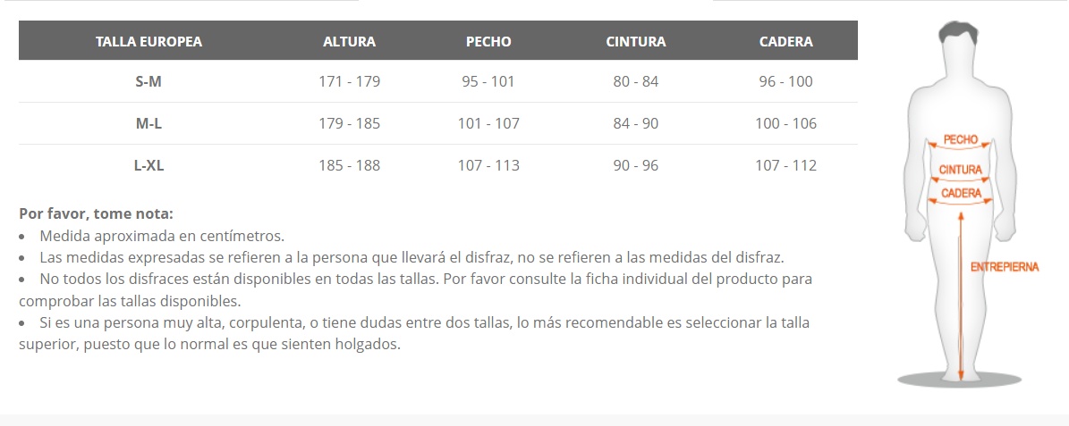 Tabla de tallas de Disfraz de saltamontes para  Hombre adulto