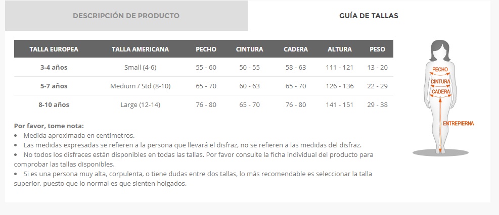 Tabla de tallas de Disfraz de Wonder Woman niña