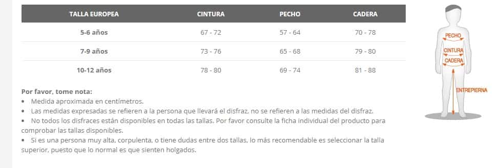 Tabla de tallas de Disfraz de Enano de Cuento Mudito para Niño