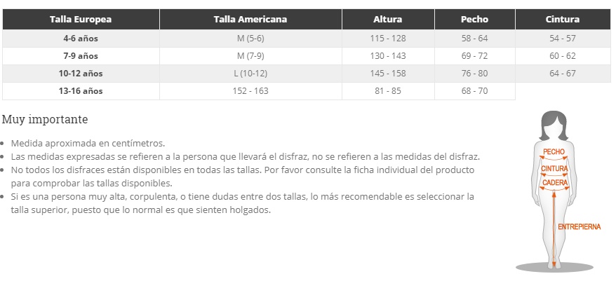 Tabla de tallas de Disfraz de tirolesa campesina para niña