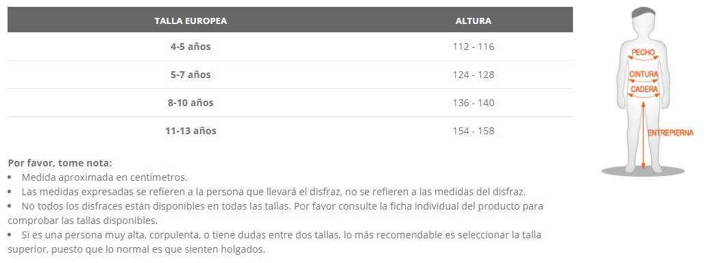 Tabla de tallas de Disfraz Oficial del Norte para niño