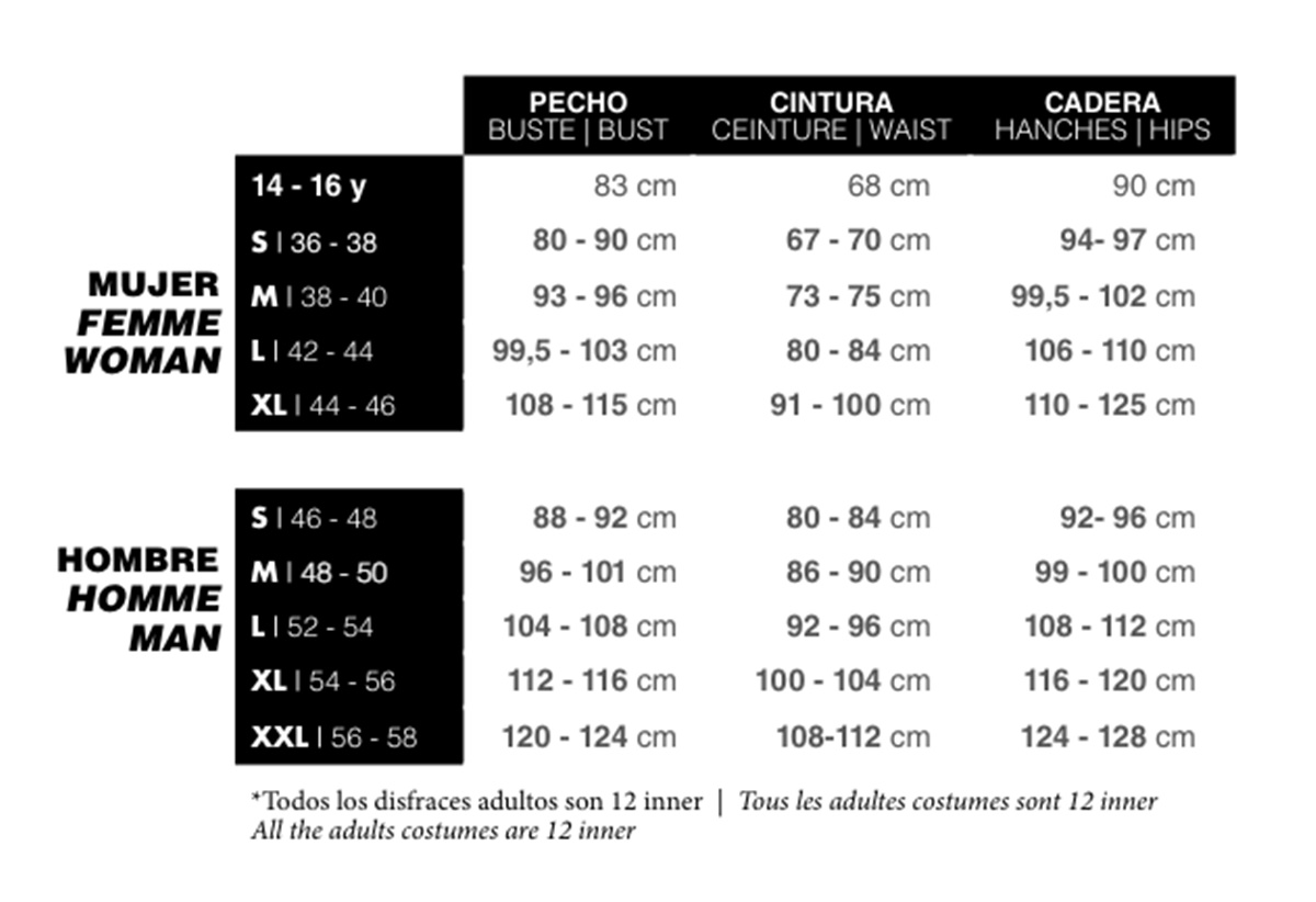 Tabla de tallas de Disfraz Payaso Espectáculo Circo para adulto