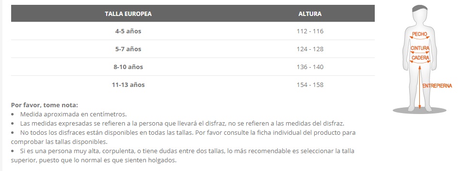 Tabla de tallas de Disfraz Piloto Comercial  niños