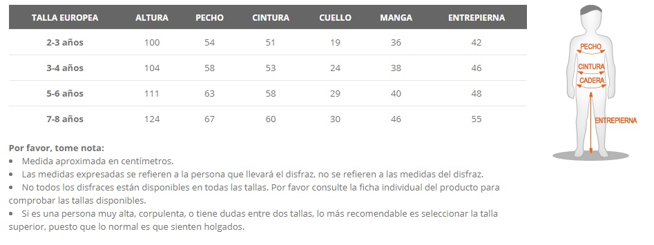 Tabla de tallas de Disfraz Pirata Mares de Sur para niño