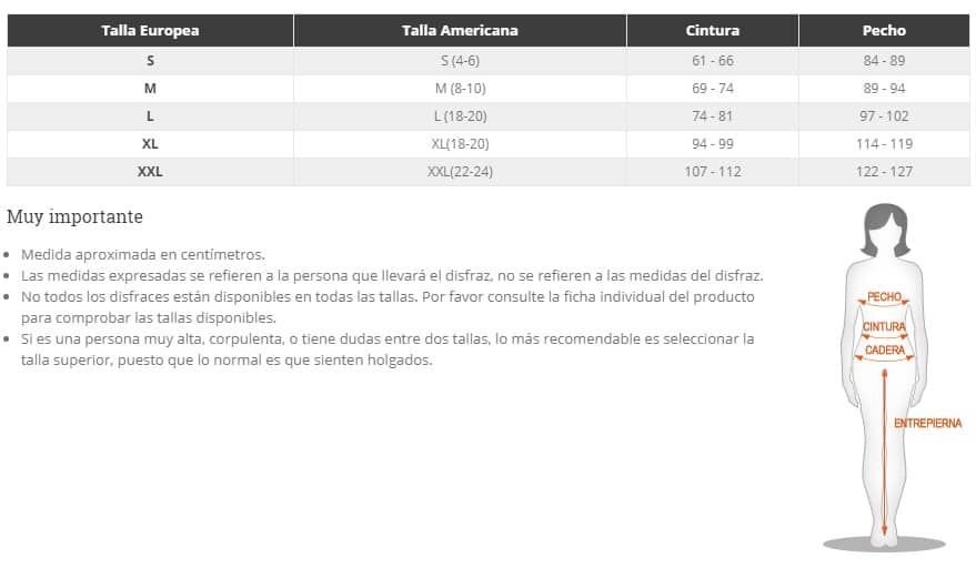 Tabla de tallas de Disfraz Trabajadora Pin Up 2 Guerra Mundial para mujer