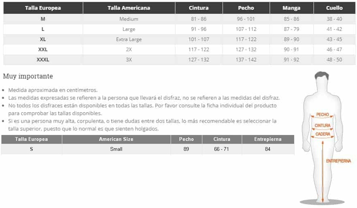 Tabla de tallas de Frac Desfile Lujo Ochentero adulto